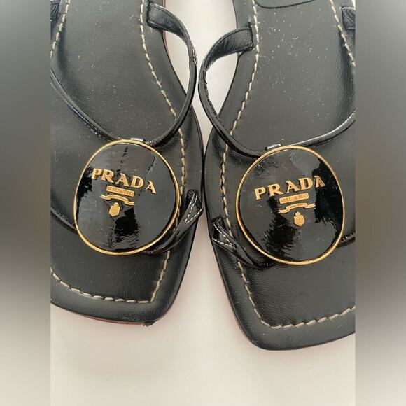Prada Heeled Sandals Gold Logo Black Leather T Strap Flip Flop Slides EU 41 - Picture 4 of 10